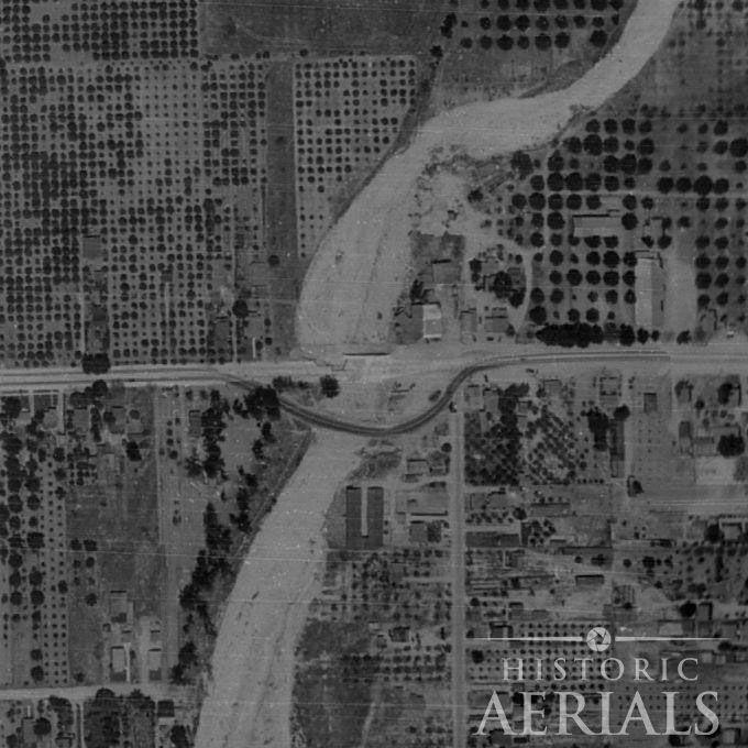 This aerial image shows the destruction of a bridge from the flooding of the Santa Ana River in 1938.