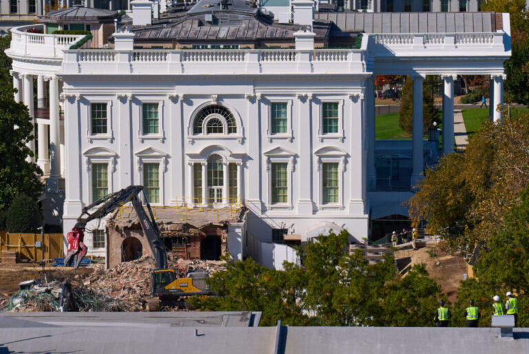 Construction activity at the White House East Wing during demolition work for a planned new ballroom, October 2025.