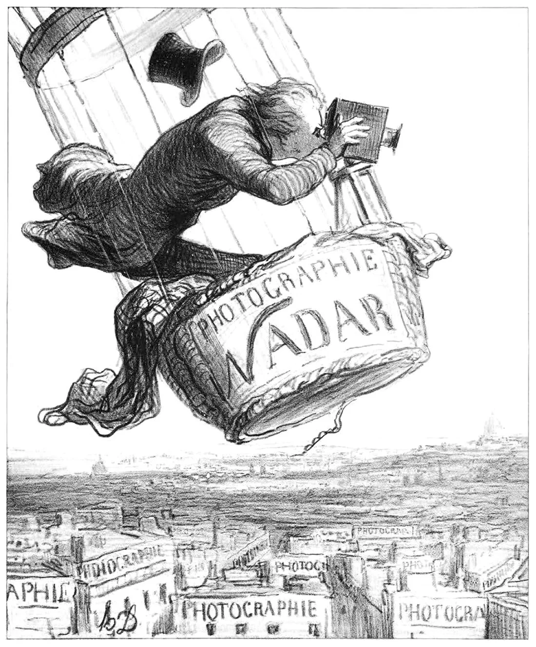 Satirical lithograph depicting photographer Nadar in a hot air balloon photographing Paris, published in 1863 by Honoré Daumier