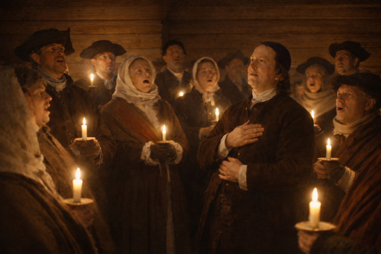 Historical visualization of a Christmas Eve religious service in 1741 at the Moravian settlement that would become Bethlehem, Pennsylvania