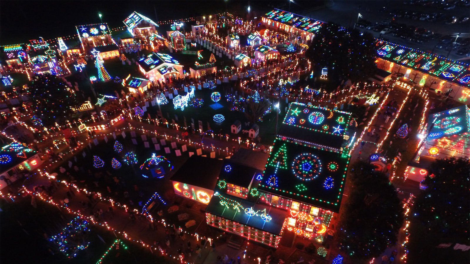 Aerial view of Koziar’s Christmas Village in Bethlehem, Pennsylvania, illuminated with extensive holiday light displays at night