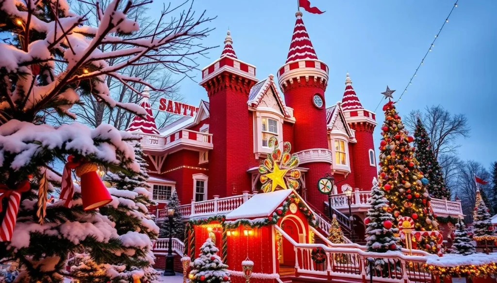 Santa’s Candy Castle in Santa Claus, Indiana, decorated for Christmas with lights, snow, and holiday displays