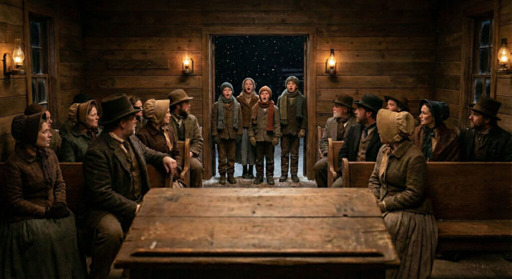 Historical visualization of an 1856 Christmas Eve town meeting in Santa Claus, Indiana, showing children singing carols inside a pioneer church