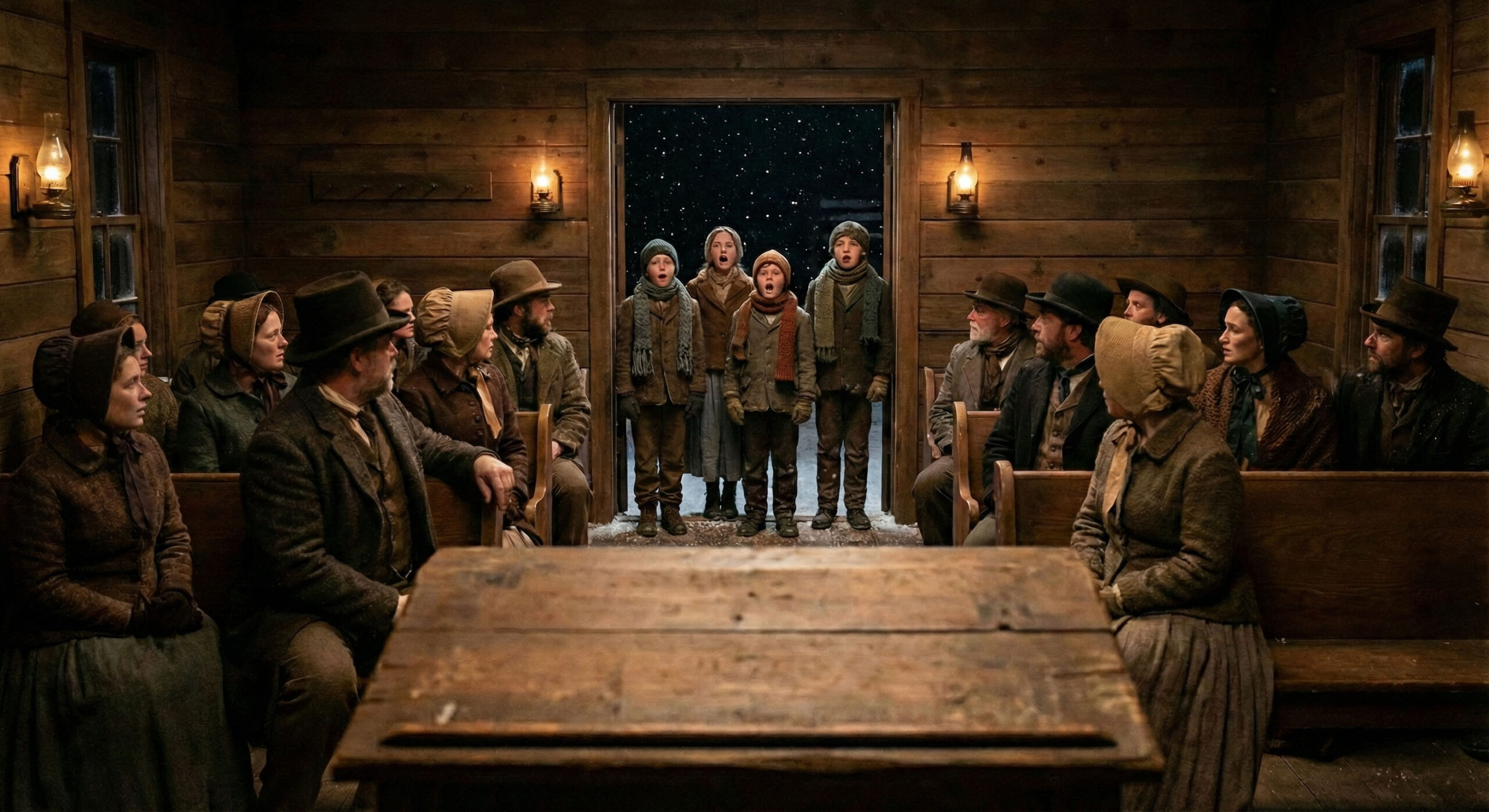 Historical visualization of an 1856 Christmas Eve town meeting in Santa Claus, Indiana, showing children singing carols inside a pioneer church
