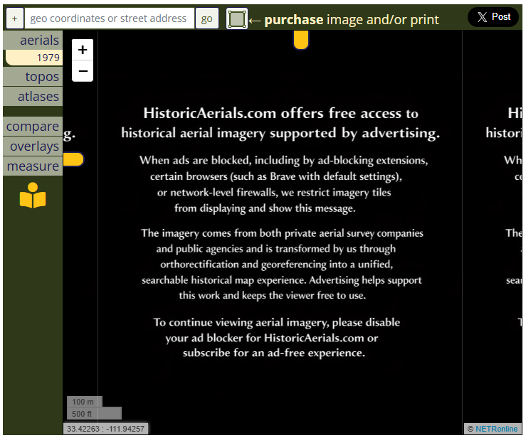 Screenshot of the viewer on HistoricAerials.com displaying a message explaining that historical aerial imagery is blocked when ad blockers are enabled, instructing users to disable ad blocking or subscribe for ad-free access.