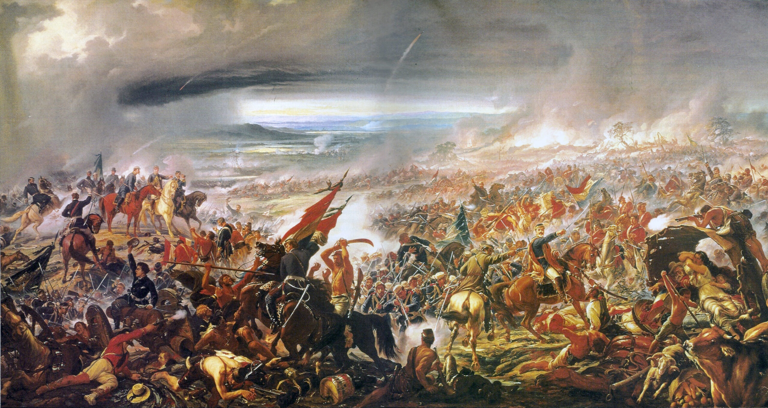 Painting depicting the Battle of Avaí during the War of the Triple Alliance, showing intense cavalry and infantry combat.