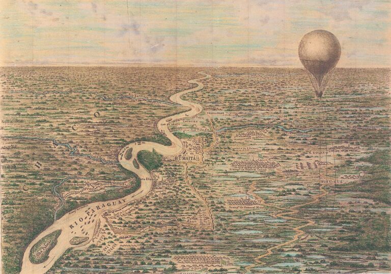 Illustration of a tethered observation balloon above the Paraguayan fortress of Humaitá during the Paraguayan War.