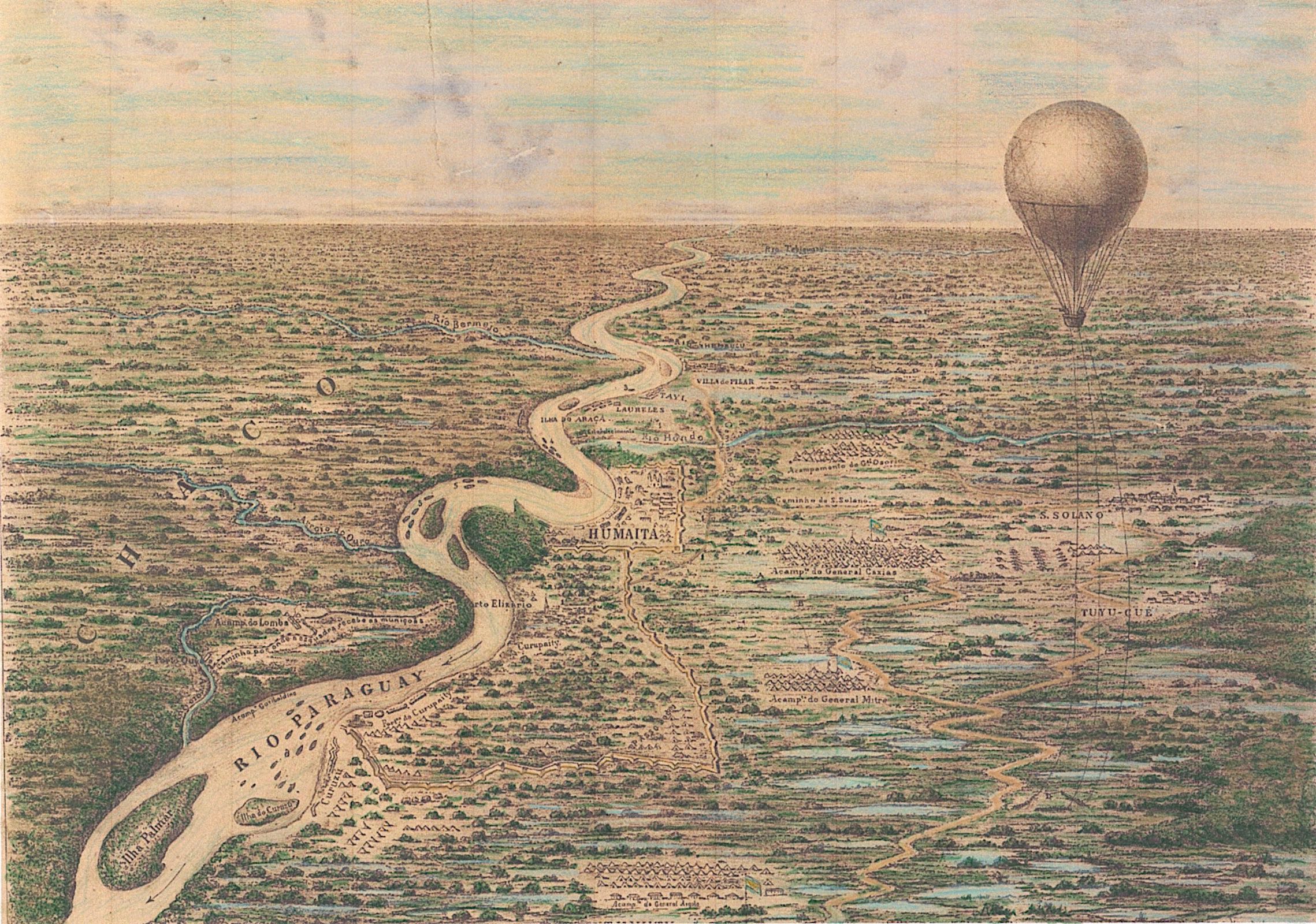 Illustration of a tethered observation balloon above the Paraguayan fortress of Humaitá during the Paraguayan War.