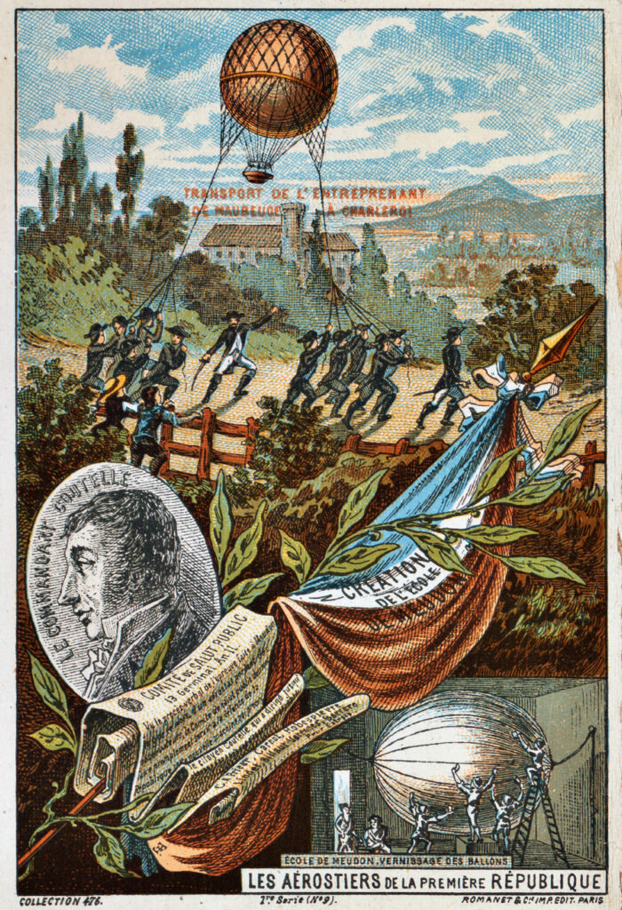 Illustration showing the transport of the French observation balloon L’Entreprenant by soldiers during the French Revolutionary War.