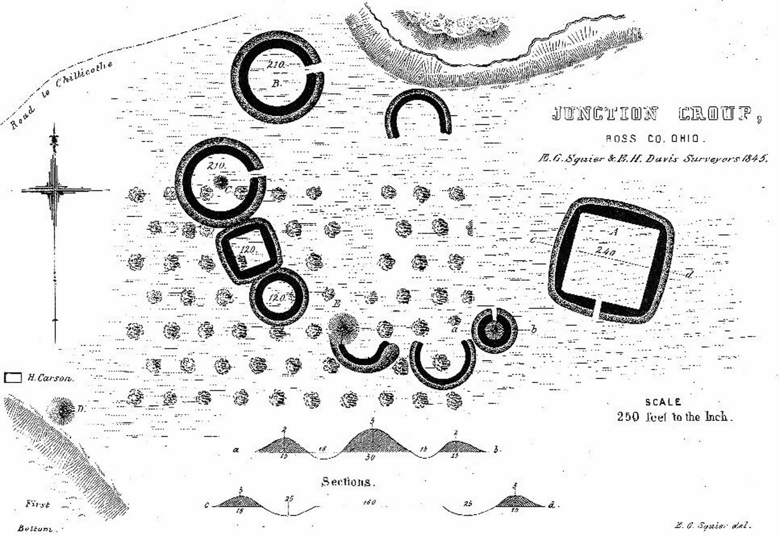 1845 survey drawing of the Junction Earthworks in Ross County, Ohio, showing circular and geometric earthwork forms documented by early archaeologists.