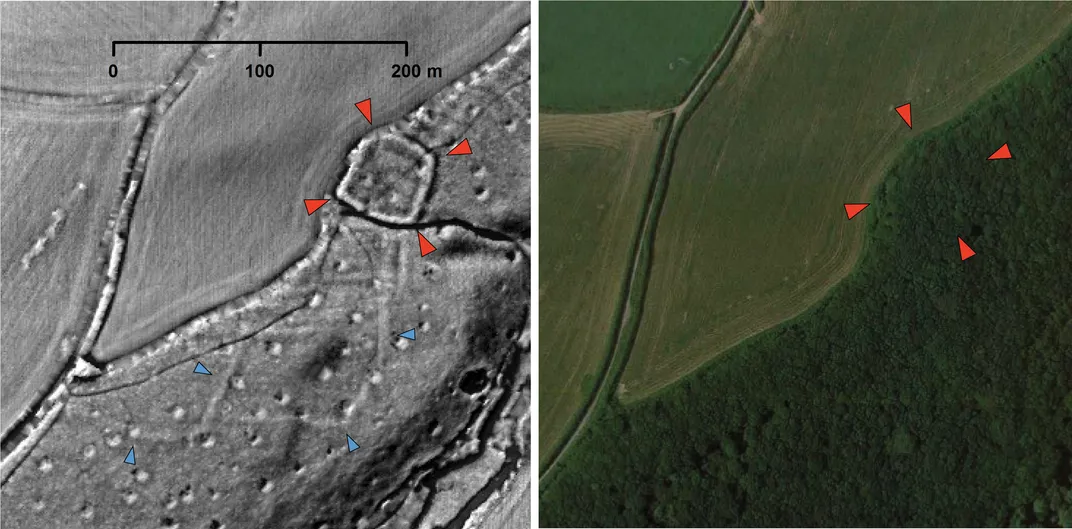 Side-by-side comparison of LiDAR imagery and aerial photography showing a probable enclosed settlement and surrounding field system indicated by arrows.