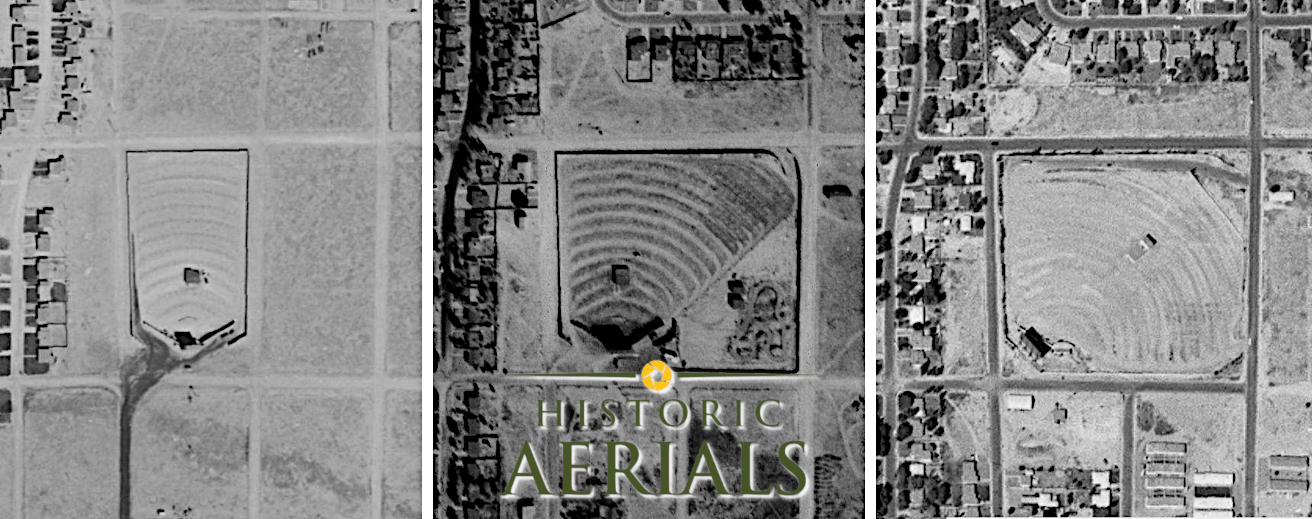 Three black-and-white historic aerial photographs showing drive-in movie theaters at different stages of development, with visible parking arcs and surrounding neighborhood growth.