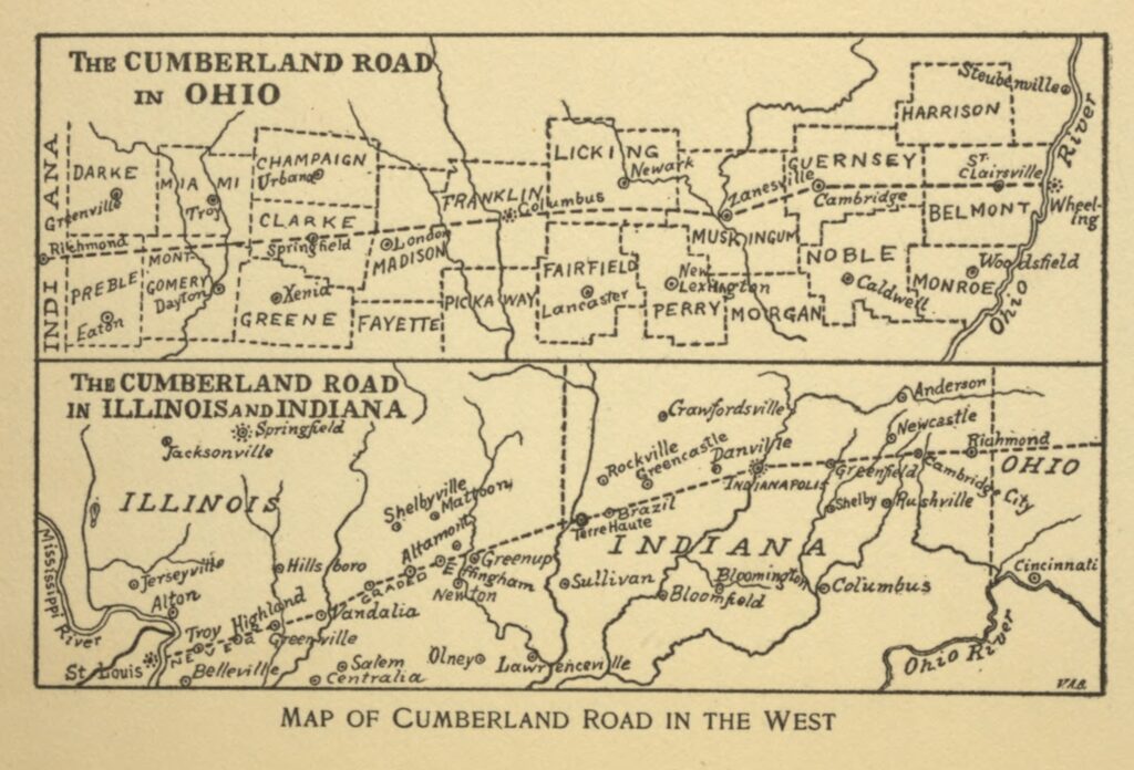 Historic map showing the Cumberland Road across Ohio, Indiana, and Illinois, with counties, towns, and the road’s westward route labeled.
