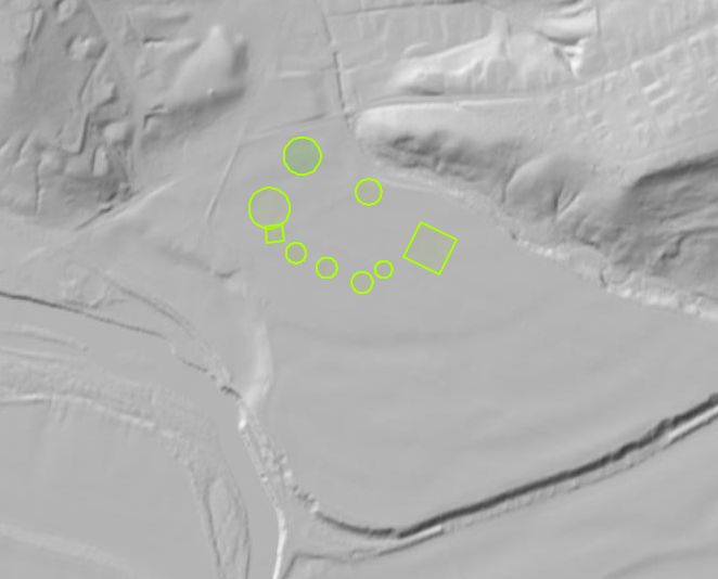 LiDAR-derived shaded relief image showing subtle terrain features at the Junction Earthworks site, with circular and geometric outlines highlighted for reference.