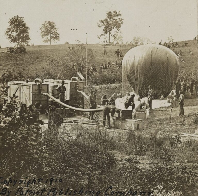 Civil War soldiers using portable gas generators to inflate Professor Thaddeus Lowe’s military observation balloon near Gaines Mill, Virginia.