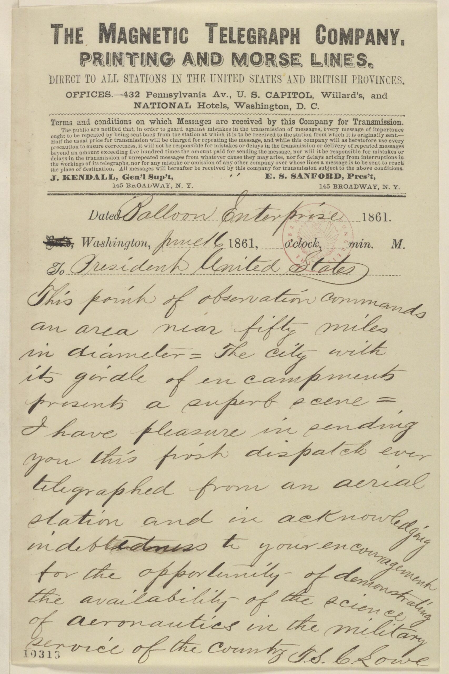 Handwritten 1861 telegram sent from a balloon by Thaddeus S. C. Lowe to President Abraham Lincoln, photographed as part of the Lincoln Papers.