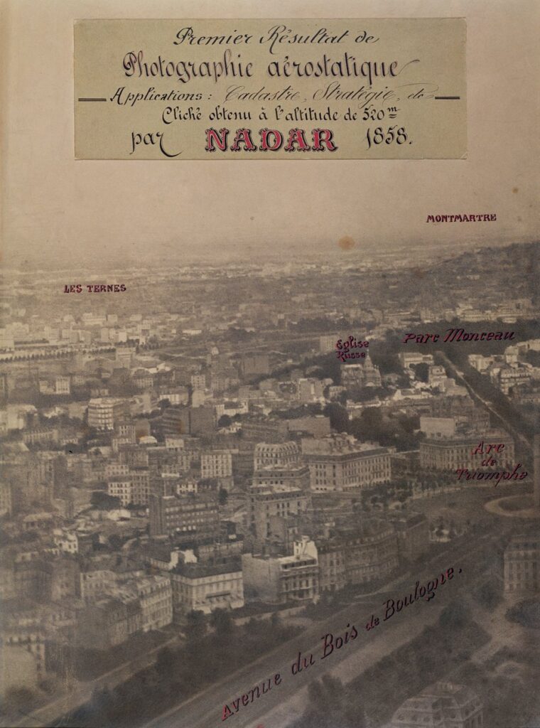 Annotated aerial photograph of Paris by Nadar, presented in 1868 as the first result of aerial photography