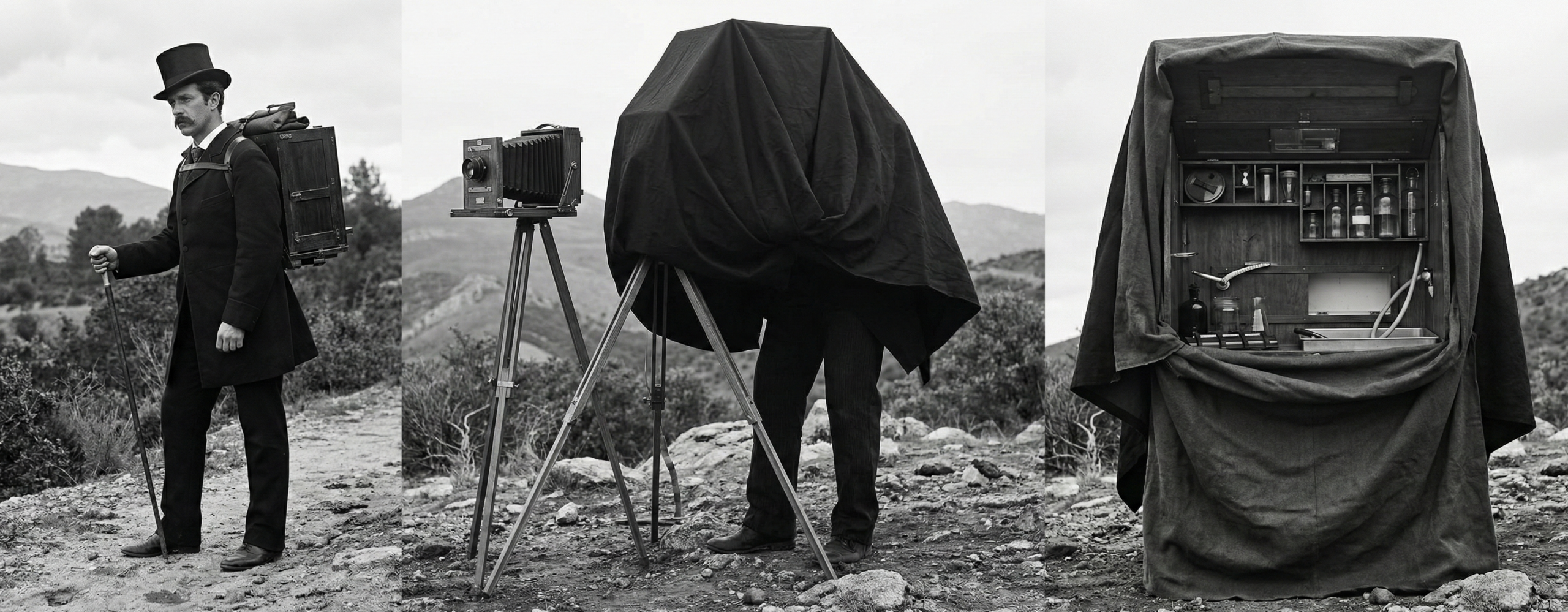 A 19th-century photographer stands outdoors beside a large bellows camera on a tripod, using a portable wet plate collodion darkroom with chemical bottles and equipment visible.