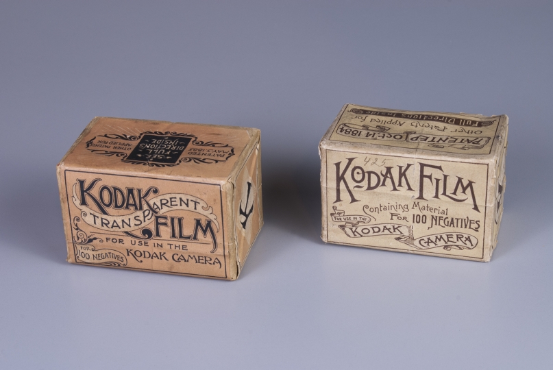Boxes of early Kodak roll film from 1888 and transparent Kodak film from 1889.