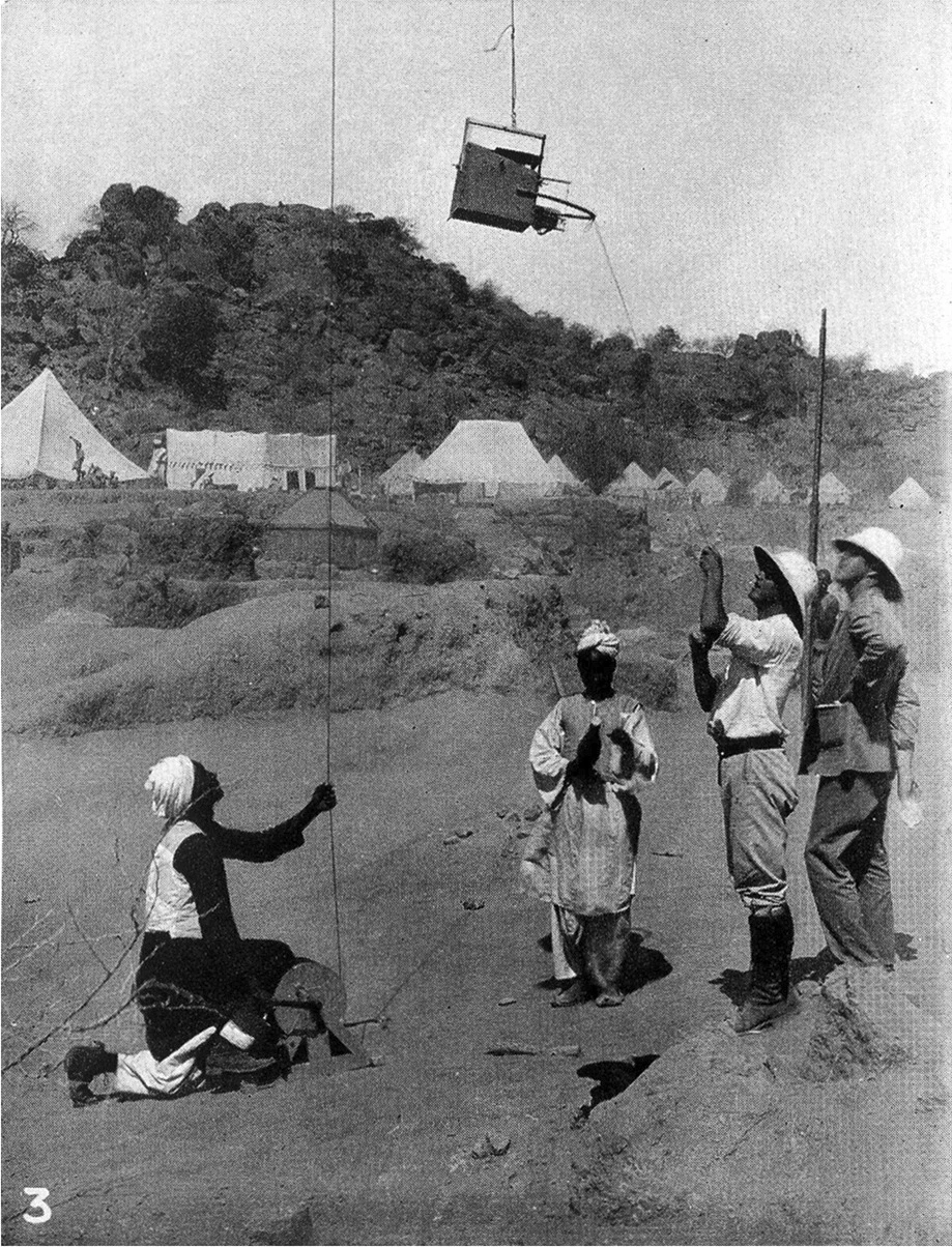 Camera suspended from a kite at the Jebel Moya archaeological excavation site, early 20th century.