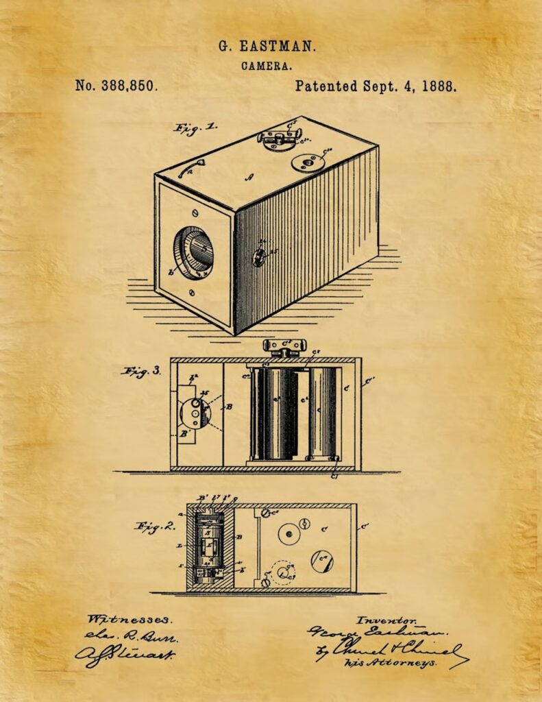 Diagram from George Eastman’s roll-film camera patent (U.S. Patent No. 388,850), showing the internal film mechanism.