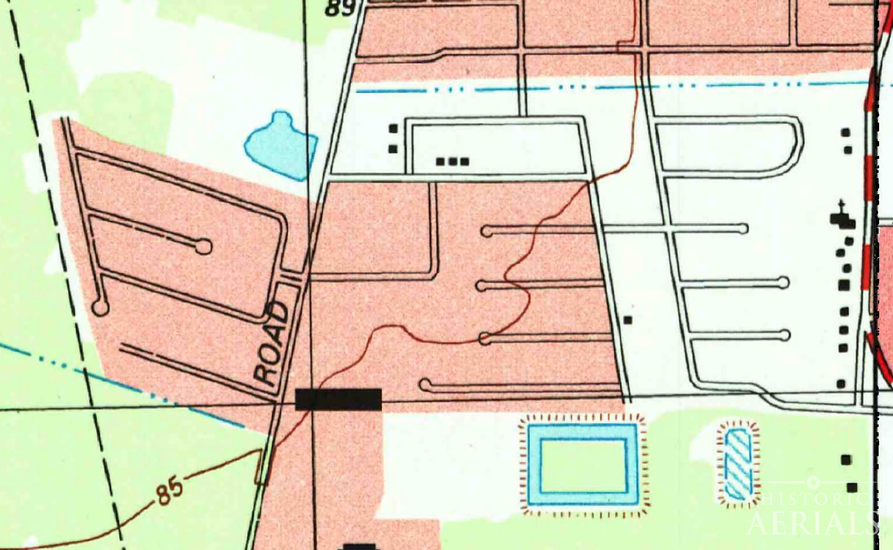 1999 map showing residential subdivision and former trailer park site over earlier oil storage area in Humble, Texas.