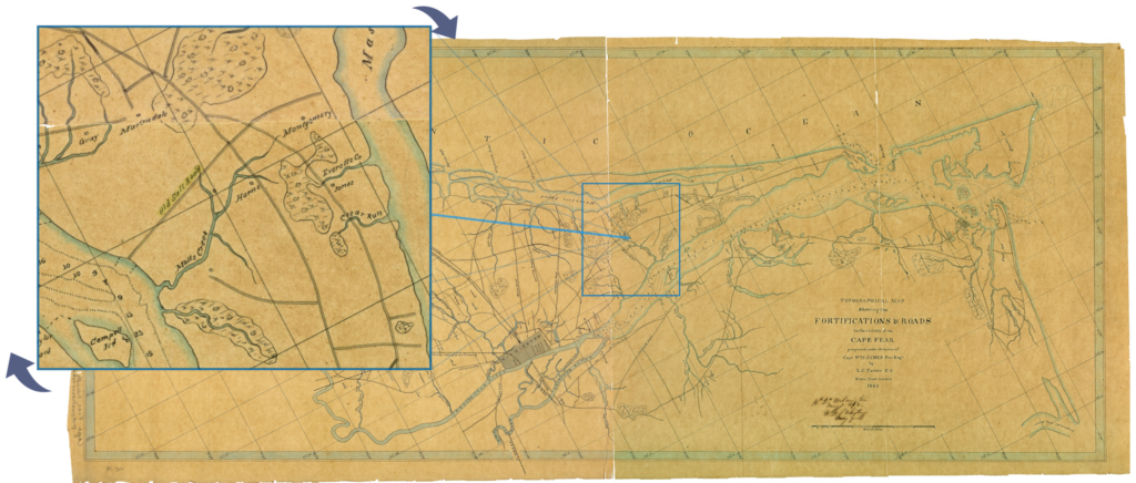 Detail of an 1863 Confederate topographical map of the Cape Fear vicinity showing the "Old Salt Road" labeled near Mott's Creek and Clear Run.