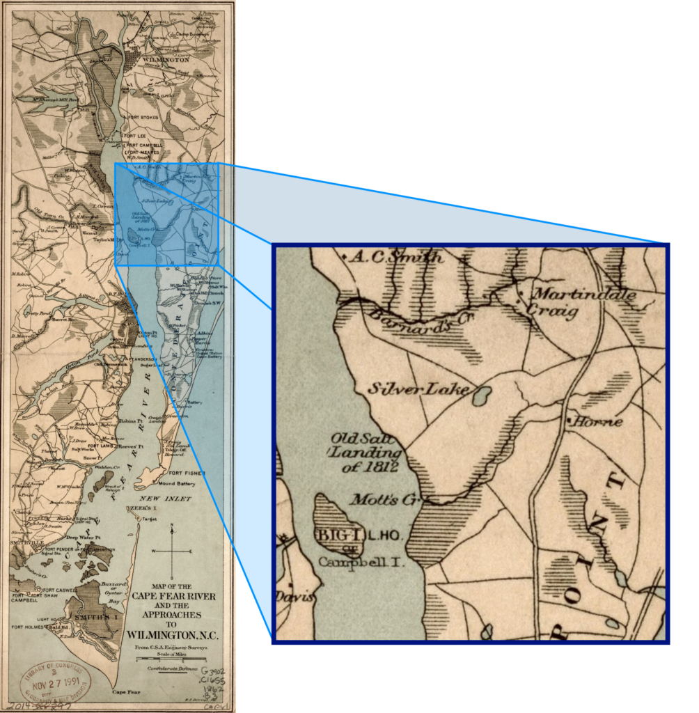Detail of an 1862 Confederate map of the Cape Fear River showing "Old Salt Landing of 1812" near Silver Lake below Wilmington, NC.