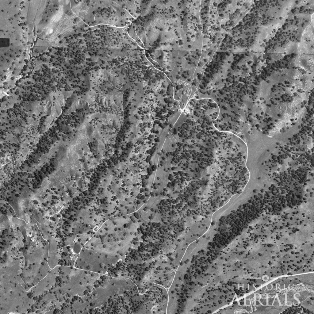 Aerial view of the undeveloped Sycamore Valley ranch land, Los Olivos, California, 1967.