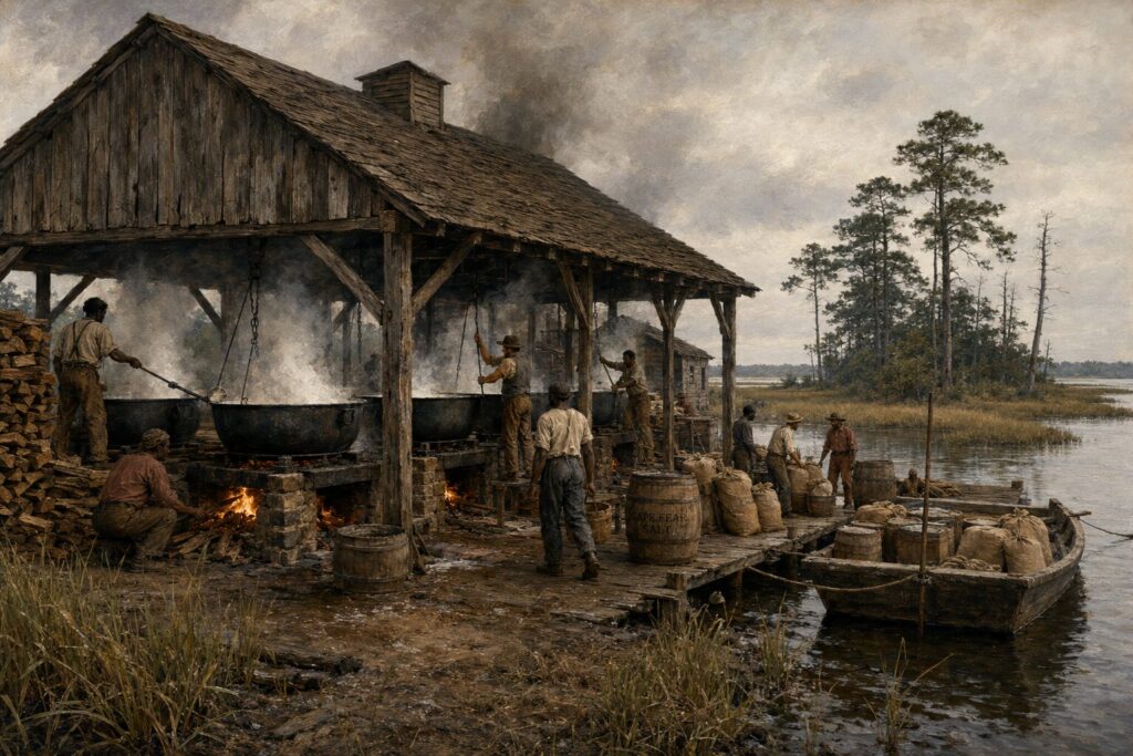 Historical illustration of workers producing salt along a coastal marsh in the Cape Fear region. Large iron kettles boil seawater over wood-fired furnaces while laborers load barrels and boats beside a waterfront salt works.