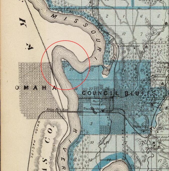 Historic map showing the Missouri River bend at the future site of Carter Lake, Iowa, circled in red near Omaha.