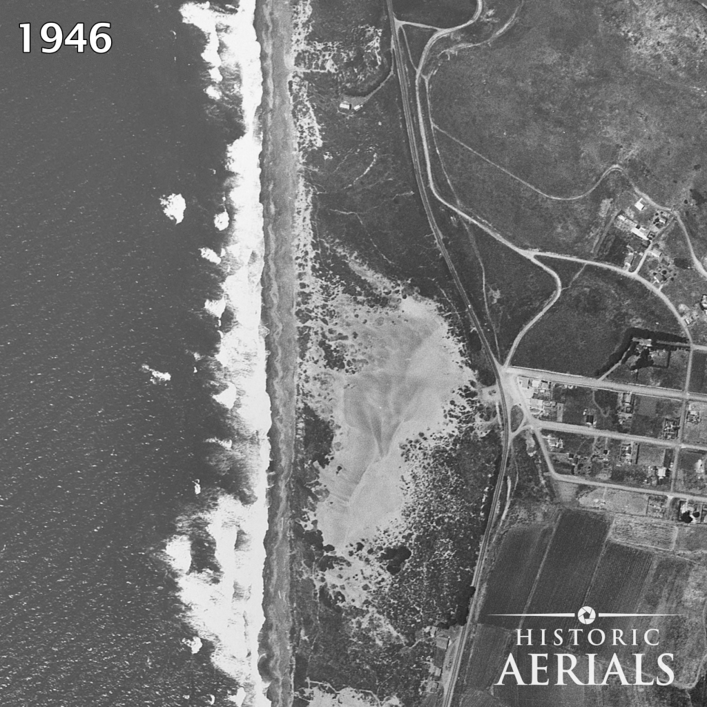 Aerial timelapse of Pacifica, California, showing coastal bluff erosion and development beside the beach from 1946 to 2022.