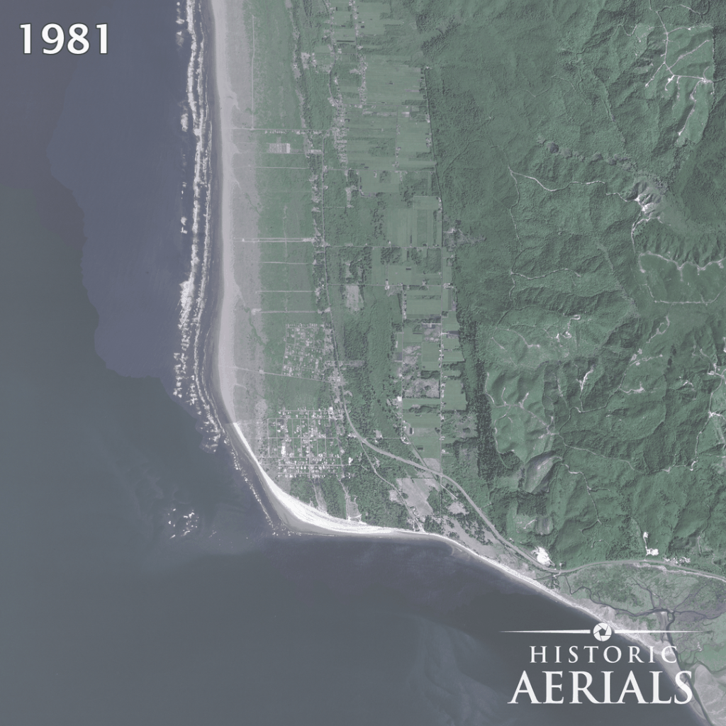 Aerial timelapse of Washaway Beach, Washington, showing shoreline retreat and loss of developed land from 1981 to 2023.
